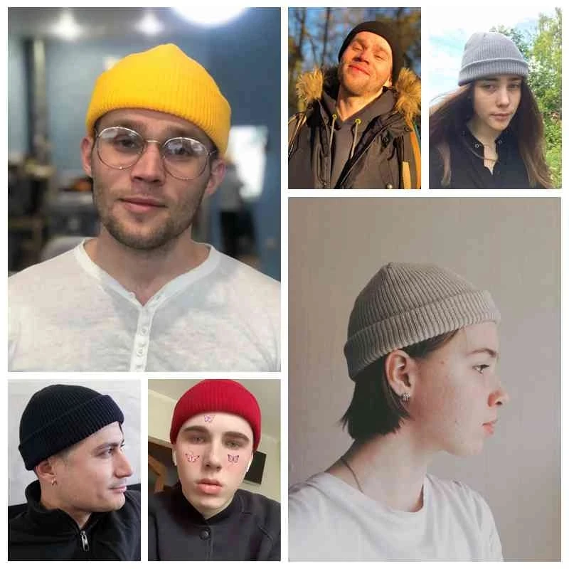 Beanie Knit Hats Fashion Men Boy Skullcap Sailor Caps Cuffs Retro Navy Short Hat Solid Color Unisex Winter Warm Cap Roll-up Edge