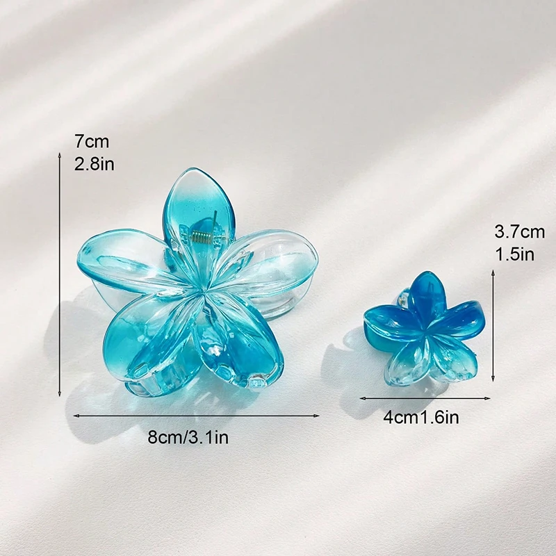 3pcs Shiny Ombre Translucent Blue Frangipani Flower Hair Claws, Big & Small Size, Beachy Spring/Summer Hair Clip Accessories