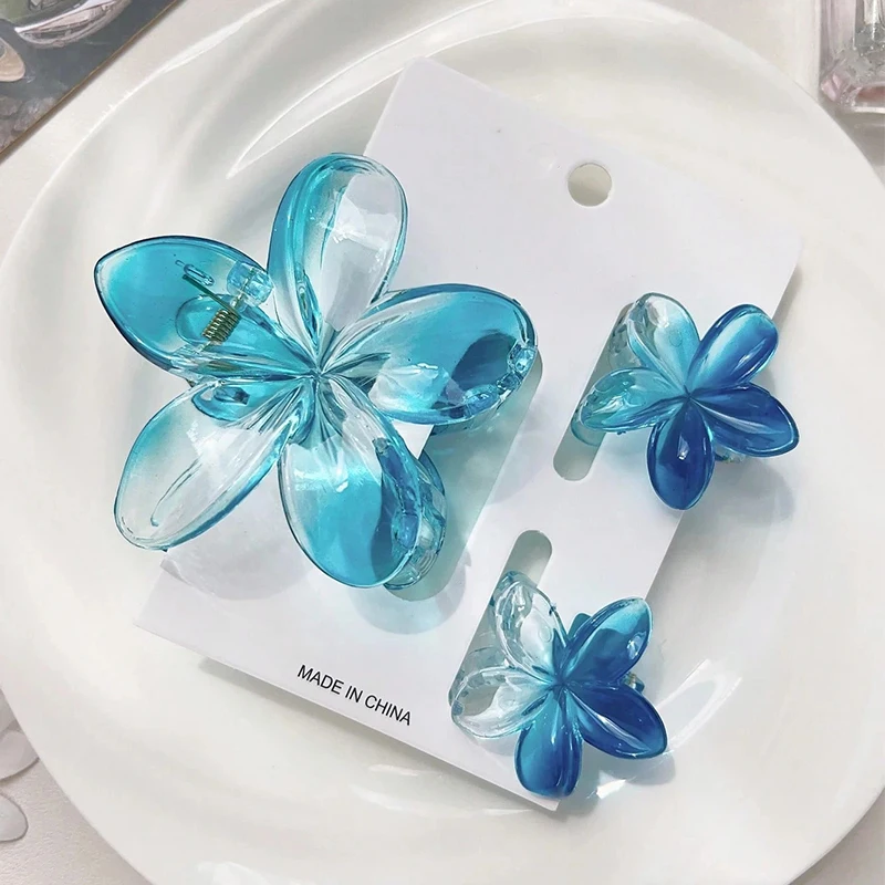 3pcs Shiny Ombre Translucent Blue Frangipani Flower Hair Claws, Big & Small Size, Beachy Spring/Summer Hair Clip Accessories