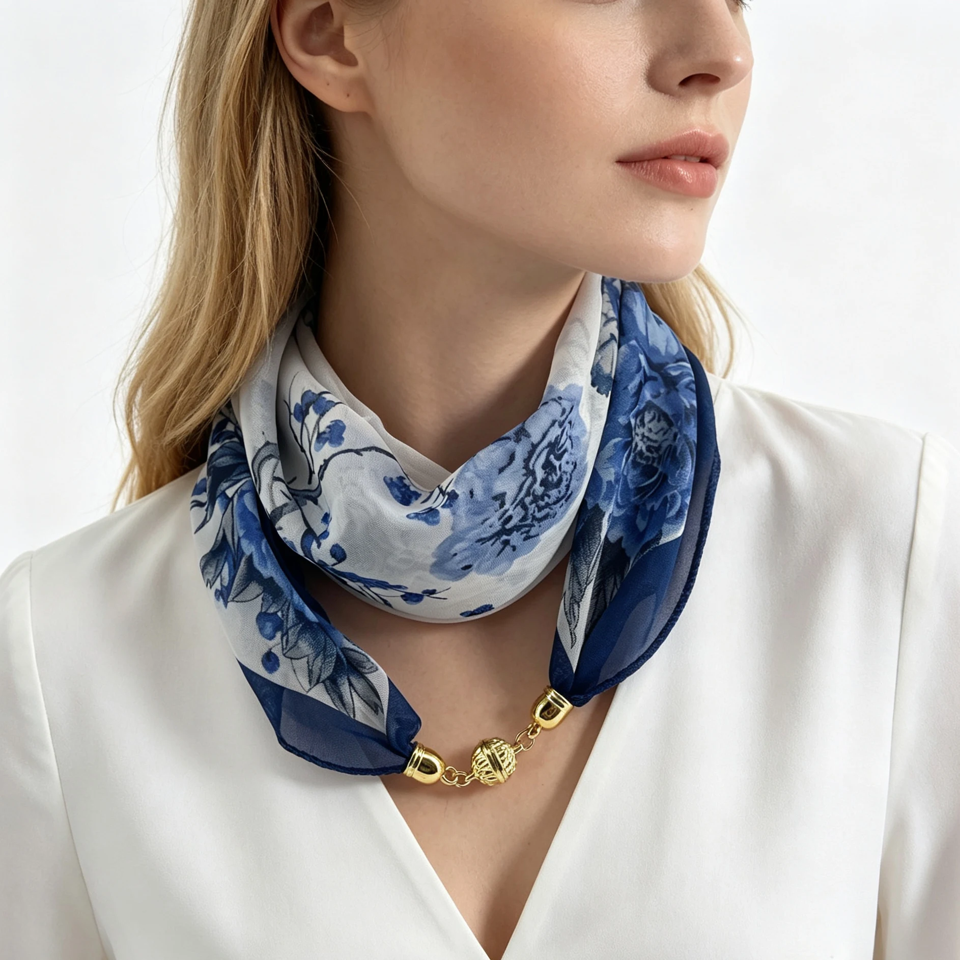 Oriental Ink Painting Plum Blossom Peony Printed Neck Scarf With Magnetic Buckle Scarf Clasp, Lazy Quick Easy Wear Neckerchief