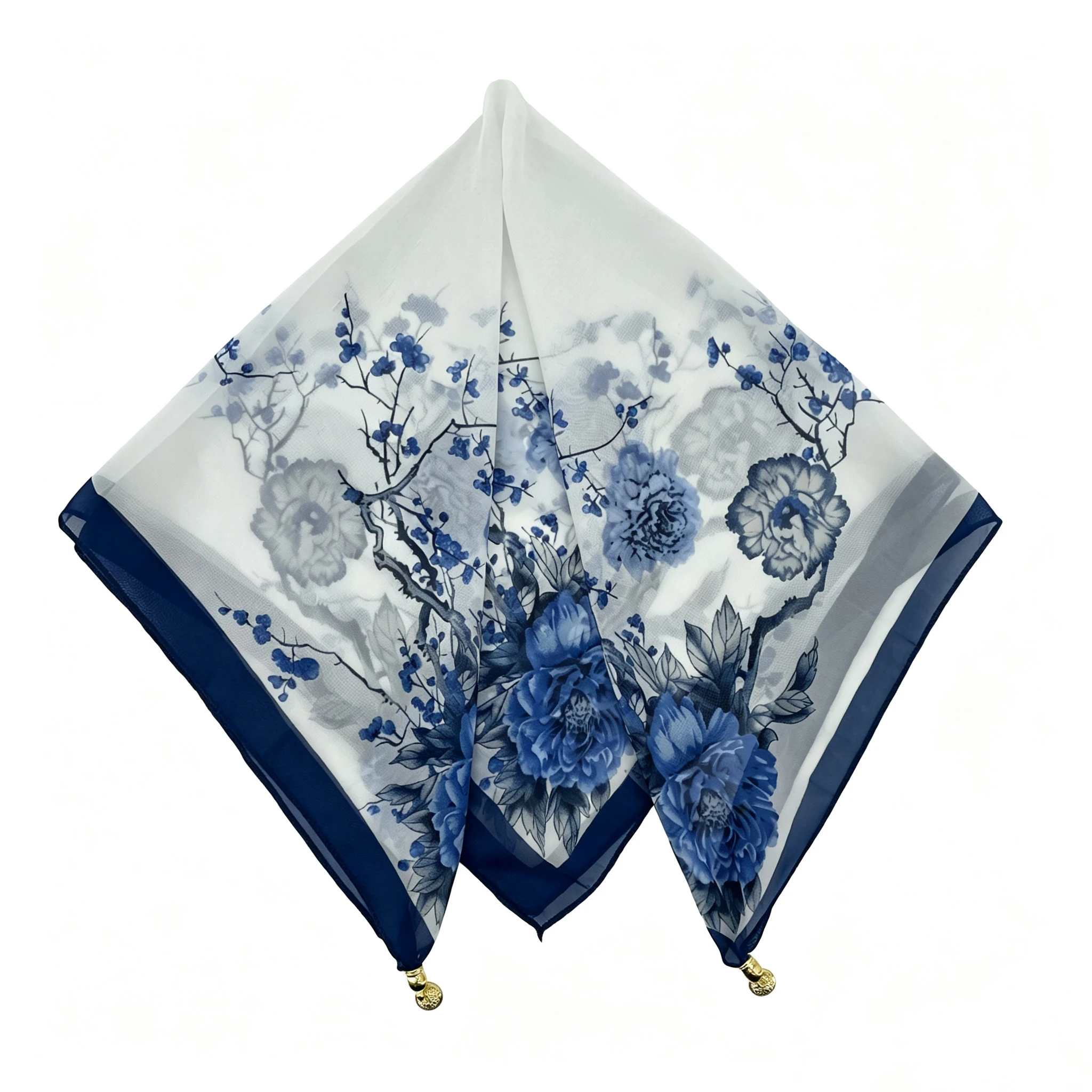 Oriental Ink Painting Plum Blossom Peony Printed Neck Scarf With Magnetic Buckle Scarf Clasp, Lazy Quick Easy Wear Neckerchief