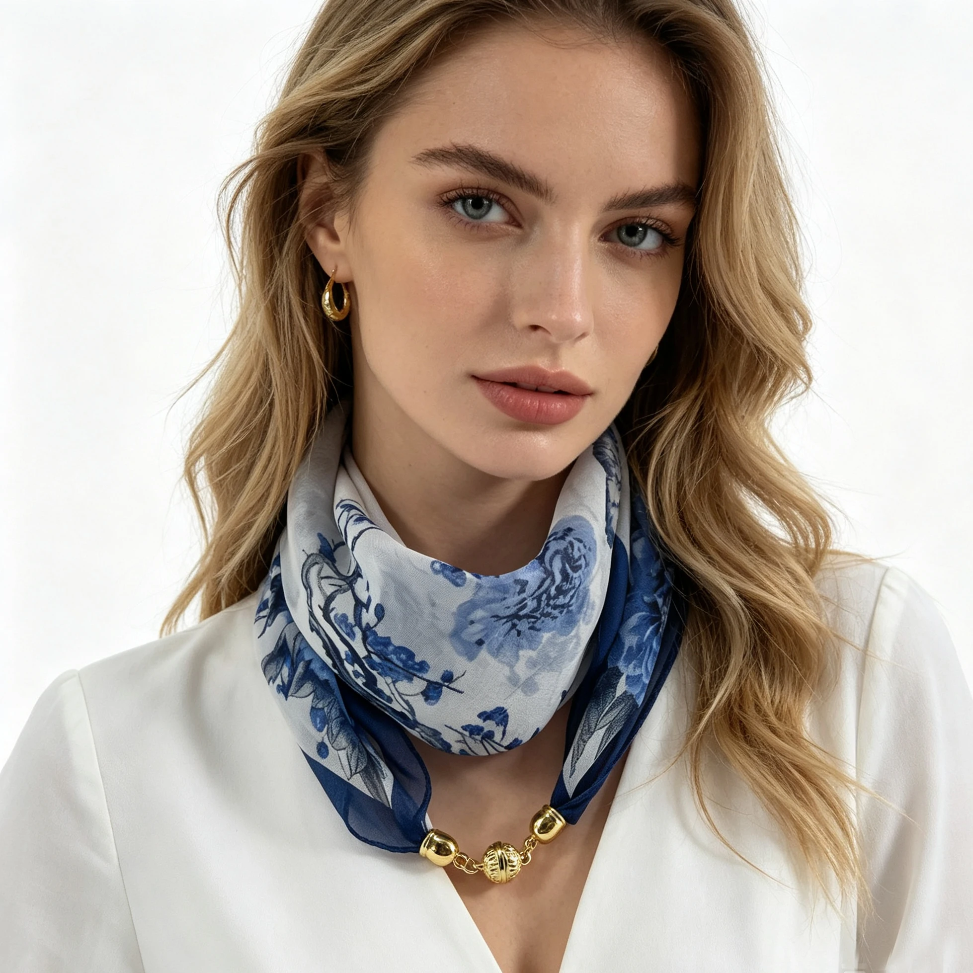 Oriental Ink Painting Plum Blossom Peony Printed Neck Scarf With Magnetic Buckle Scarf Clasp, Lazy Quick Easy Wear Neckerchief