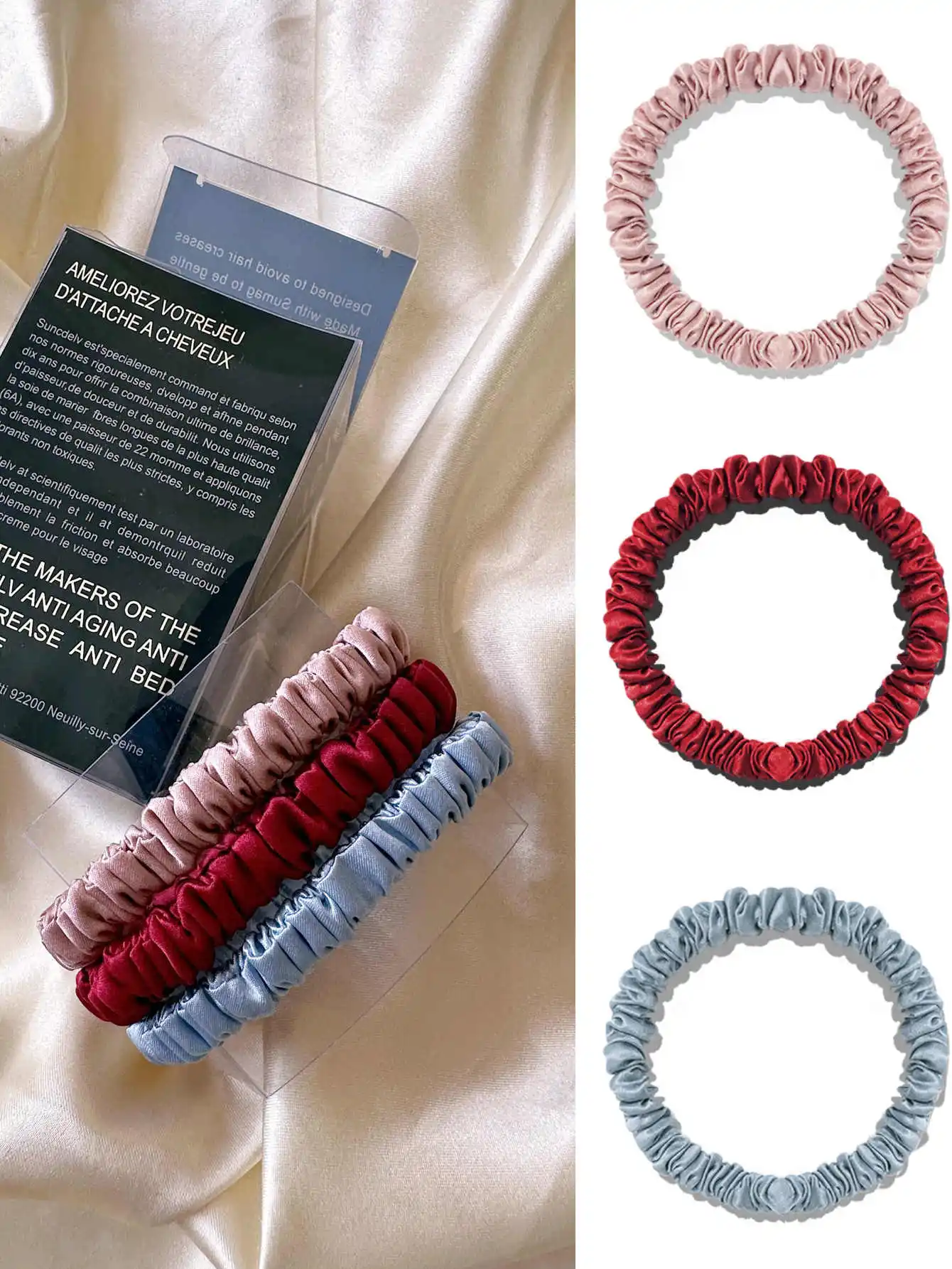 3PCS/Set 100% Pure Mulberry Silk Hair Scrunchies Silk Hair Ties Hairbands Skinny Ponytail Holders Hair Care Accessories
