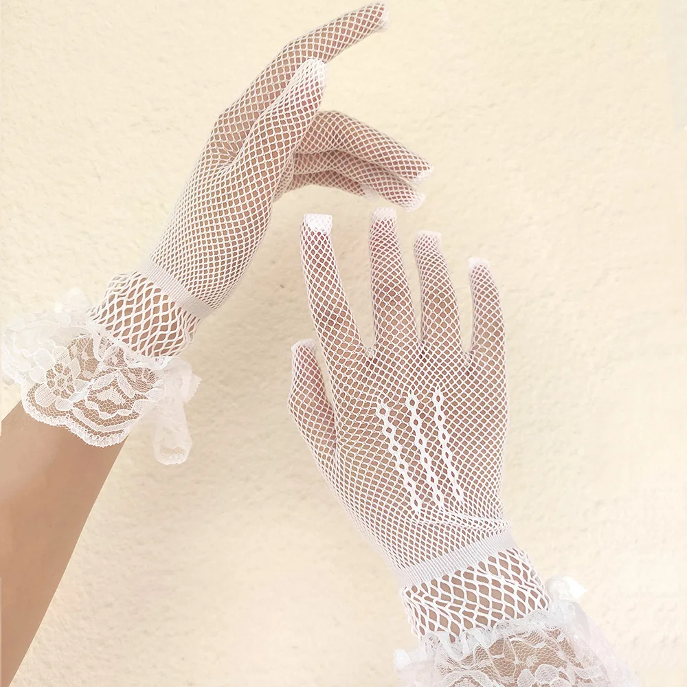 Women Black White Summer Uv-proof Driving Gloves Female Thin Fishnet Mesh Gloves Fashion Ruffle Full Finger Lace Mittens