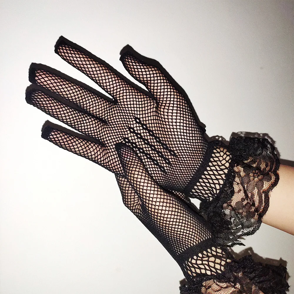 Women Black White Summer Uv-proof Driving Gloves Female Thin Fishnet Mesh Gloves Fashion Ruffle Full Finger Lace Mittens