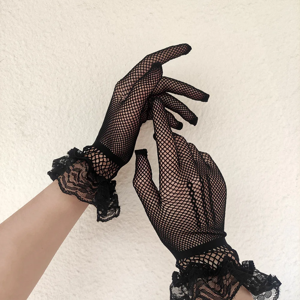 Women Black White Summer Uv-proof Driving Gloves Female Thin Fishnet Mesh Gloves Fashion Ruffle Full Finger Lace Mittens
