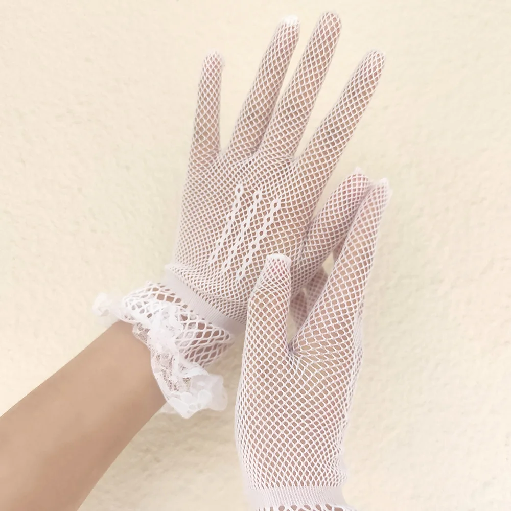 Women Black White Summer Uv-proof Driving Gloves Female Thin Fishnet Mesh Gloves Fashion Ruffle Full Finger Lace Mittens
