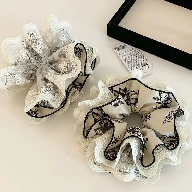 1pc Ink Print Floral Satin Large Intestine Headband with Wide Edge Lace Headband, Simple Hair Accessory for Women
