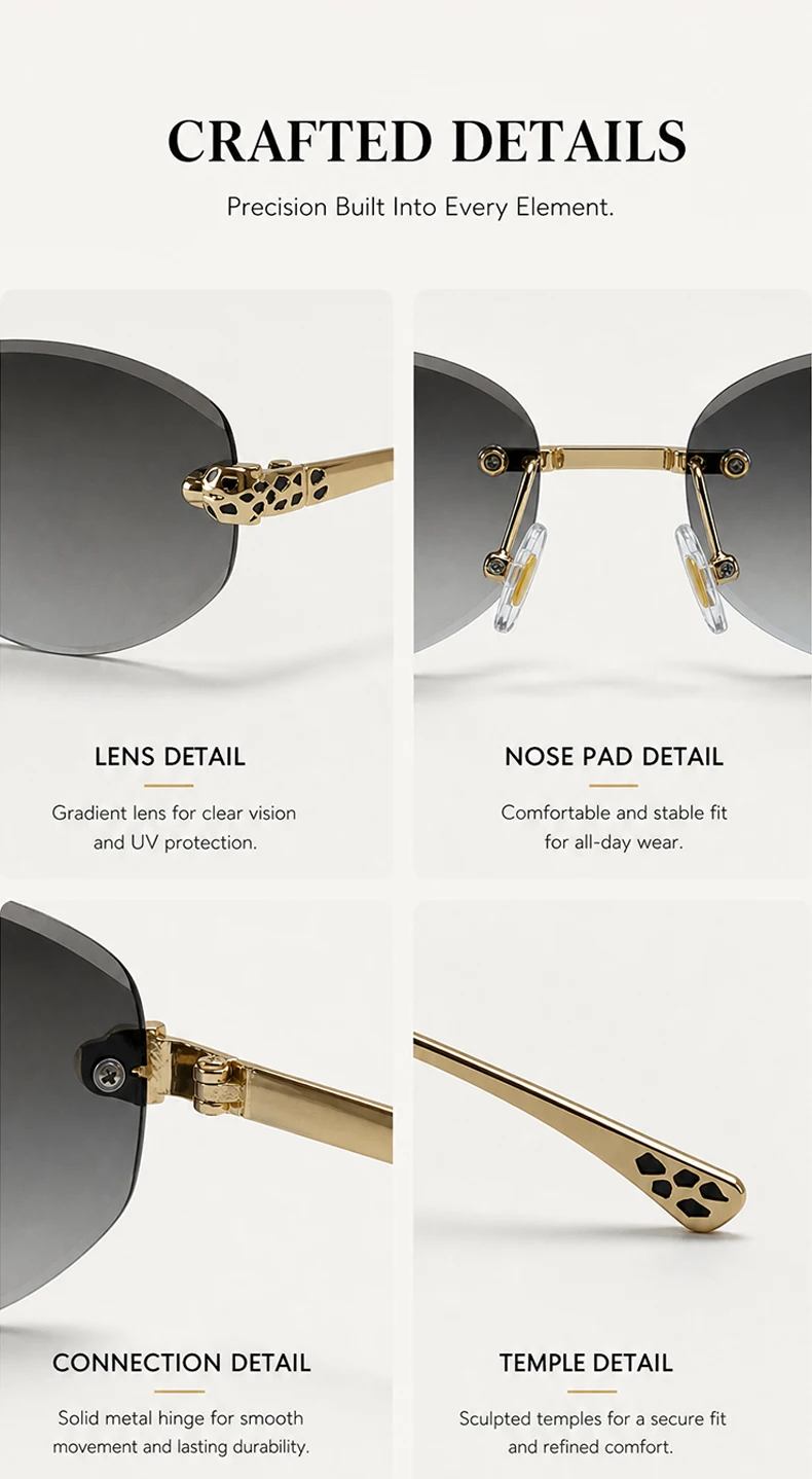 Vintage Hexagon Rimless Sunglasses Women 2026 Luxury Brand Trendy Gold Leopard Head Y2K Punk Sun Glasses Travelling Eyewear