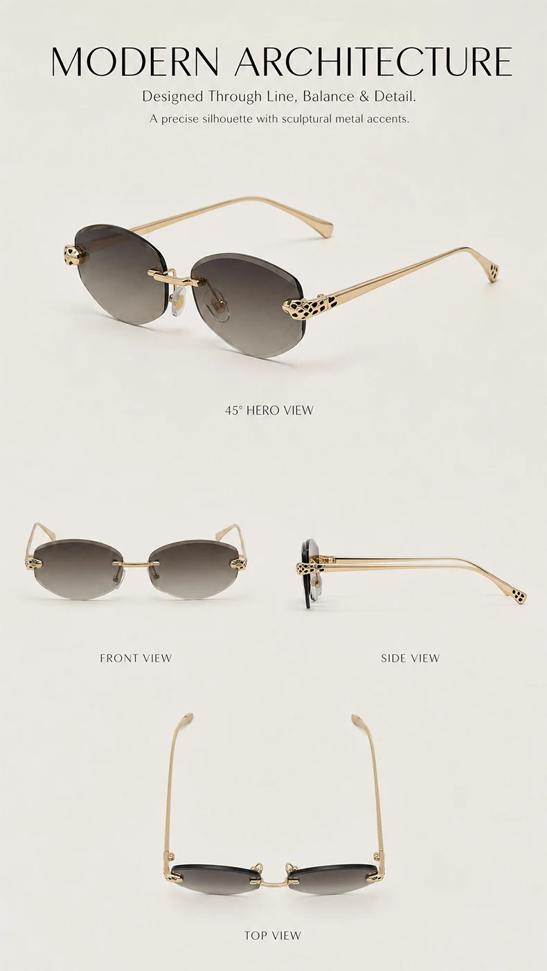 Vintage Hexagon Rimless Sunglasses Women 2026 Luxury Brand Trendy Gold Leopard Head Y2K Punk Sun Glasses Travelling Eyewear