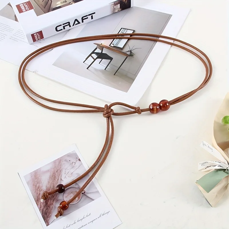 1pc Women's Adjustable Slim Belt with Brown Bead Accents Waist Cincher for Dresses Shirts Jackets Day-to-Night Style Enhancer