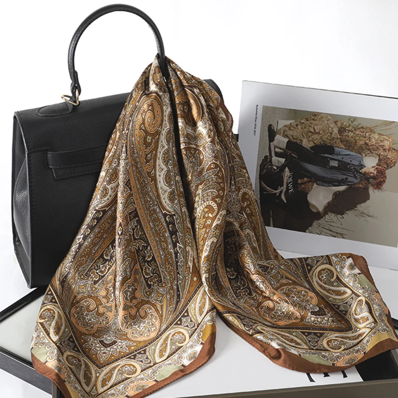 Bohemian Style Print Luxury Brand Silk Square Scarf Women Satin Shawls Neckerchief Wrap Scarves Bandana Hair Hjiab Floral