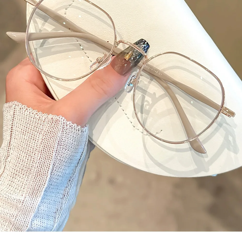 Clear Glasses Women Polygonal Metal Frame Eye Glasses 0 Flat Mirror Girls Eyewear Anti Blue Light Glasses Fashion Eyeglasses