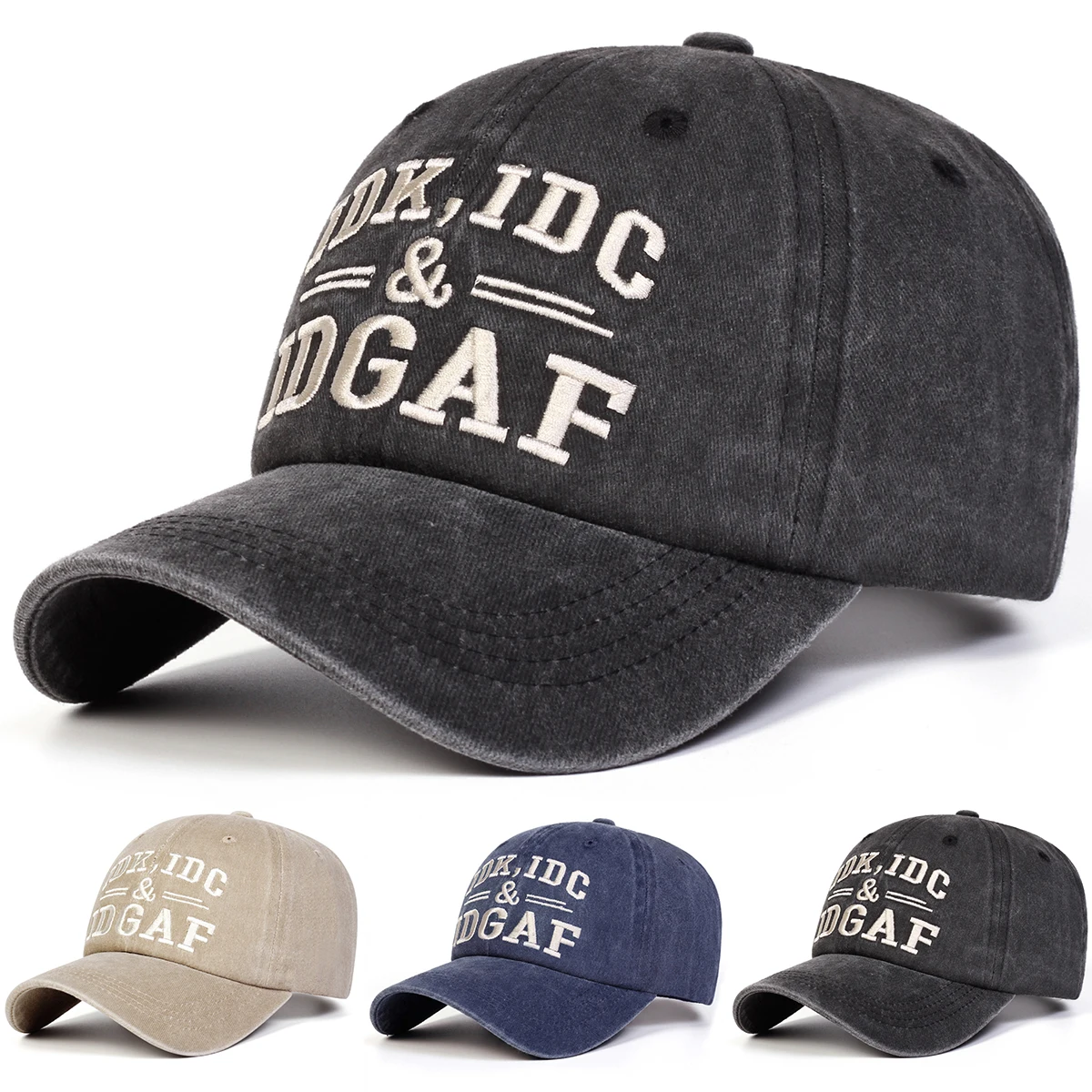 Unisex IDK IDC&IDGAF Letter Embroidery Washed Baseball Cap Spring Autumn Outdoor Adjustable Casual Hat Sunscreen Hat Sports Cap