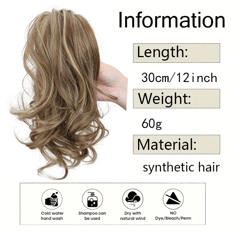 12 Inch Short Curly Clip-In Ponytail Extension-Synthetic Hair for Women Voluminous Claw Clip Hairpiece for Everyday Wear