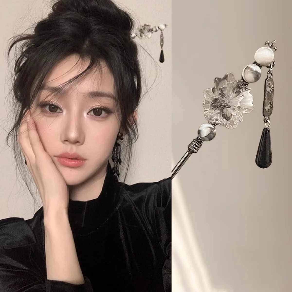 Neo-chinese Style Flower Hairpin Ink Colored Flower Tassel Hair Stick For Women Girls Elegant Exquisite Fashion Hair Accessories