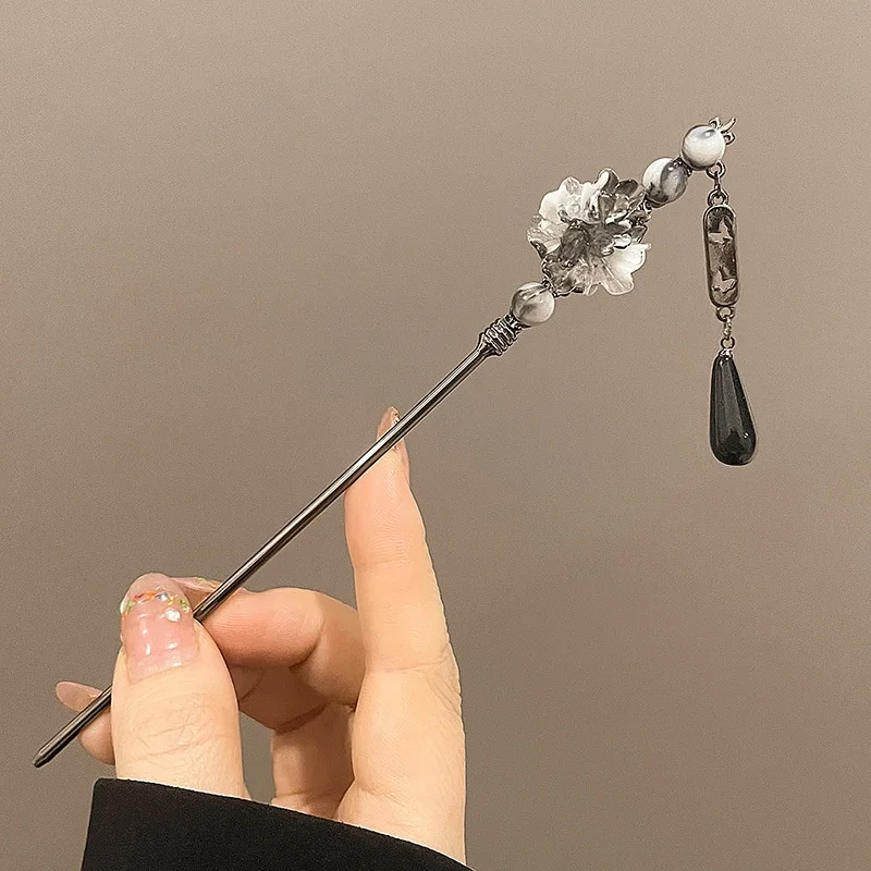 Neo-chinese Style Flower Hairpin Ink Colored Flower Tassel Hair Stick For Women Girls Elegant Exquisite Fashion Hair Accessories