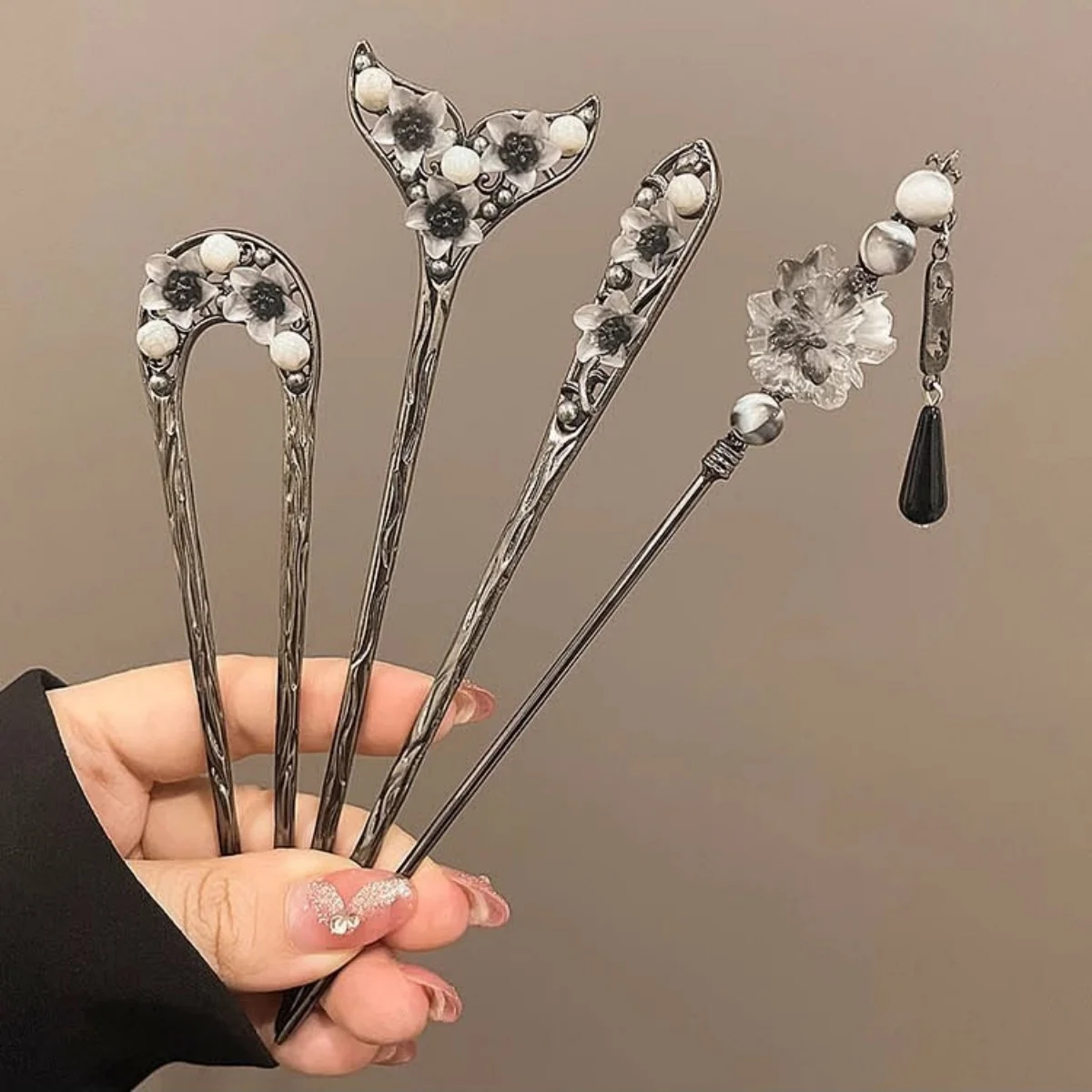 Neo-chinese Style Flower Hairpin Ink Colored Flower Tassel Hair Stick For Women Girls Elegant Exquisite Fashion Hair Accessories