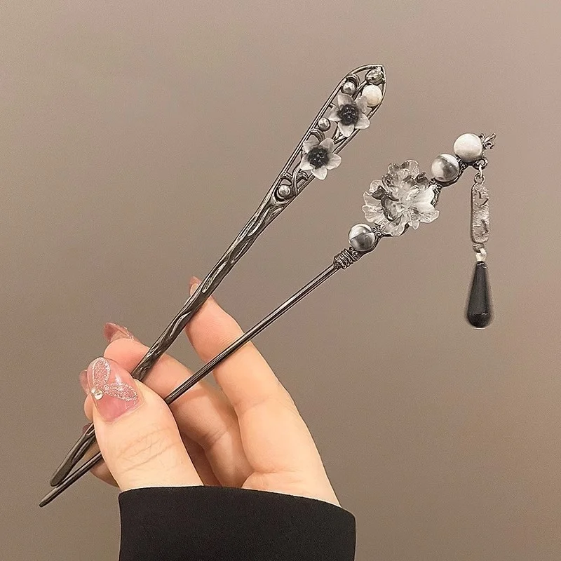Neo-chinese Style Flower Hairpin Ink Colored Flower Tassel Hair Stick For Women Girls Elegant Exquisite Fashion Hair Accessories
