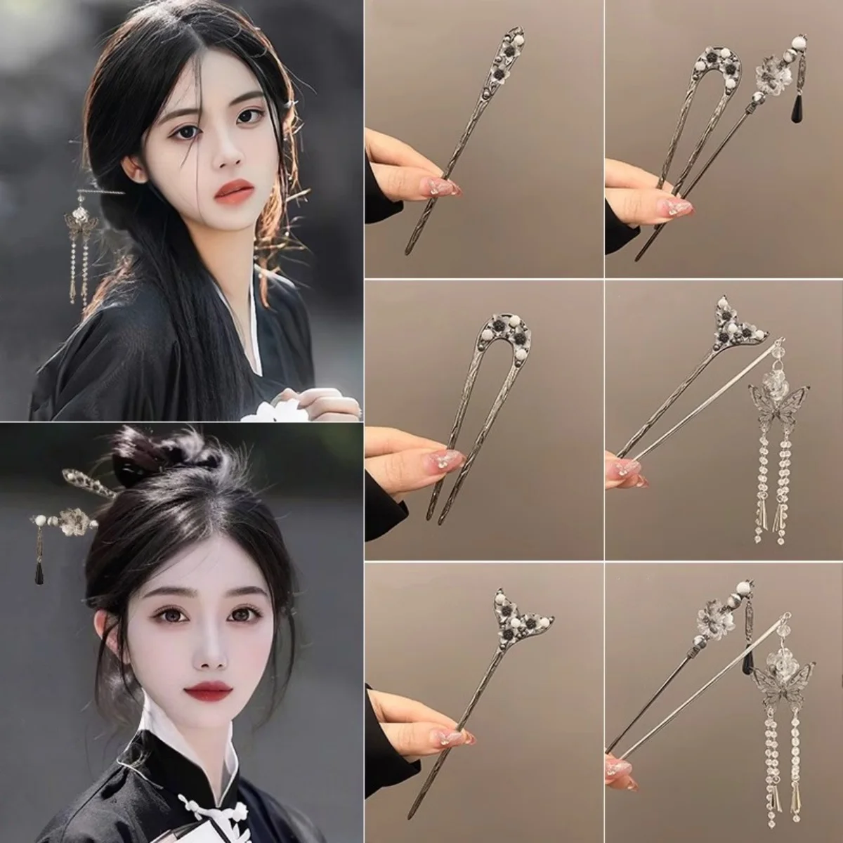 Neo-chinese Style Flower Hairpin Ink Colored Flower Tassel Hair Stick For Women Girls Elegant Exquisite Fashion Hair Accessories