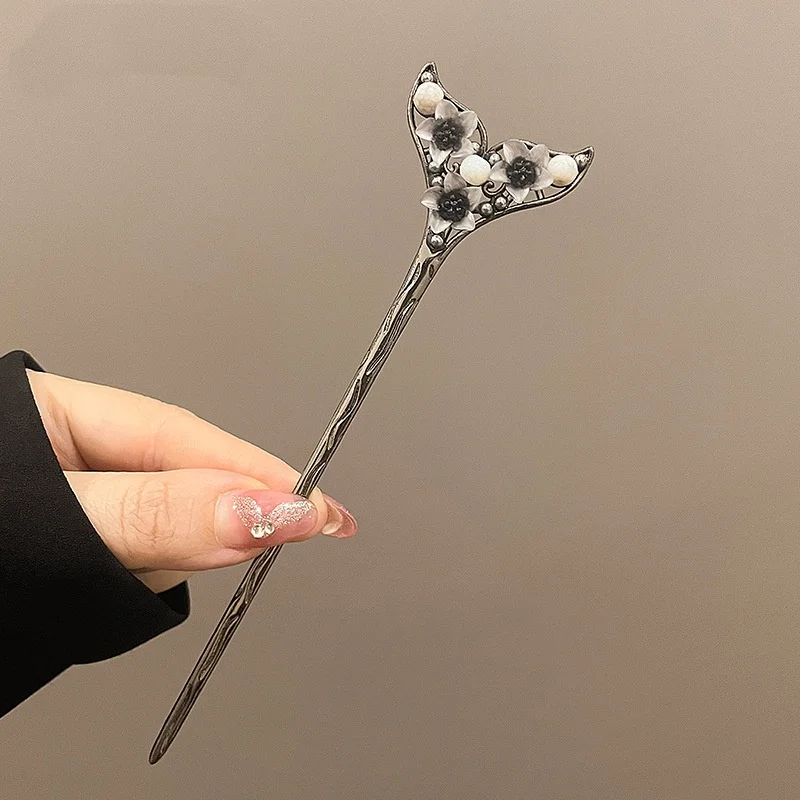 Neo-chinese Style Flower Hairpin Ink Colored Flower Tassel Hair Stick For Women Girls Elegant Exquisite Fashion Hair Accessories