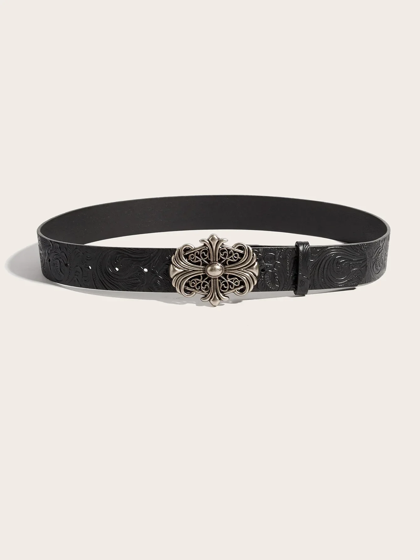 Hong Kong-style Denim Belt with Cross Carving & Rivets Niche Subculture Style Versatile Street Waistband for Casual Daily Outfit