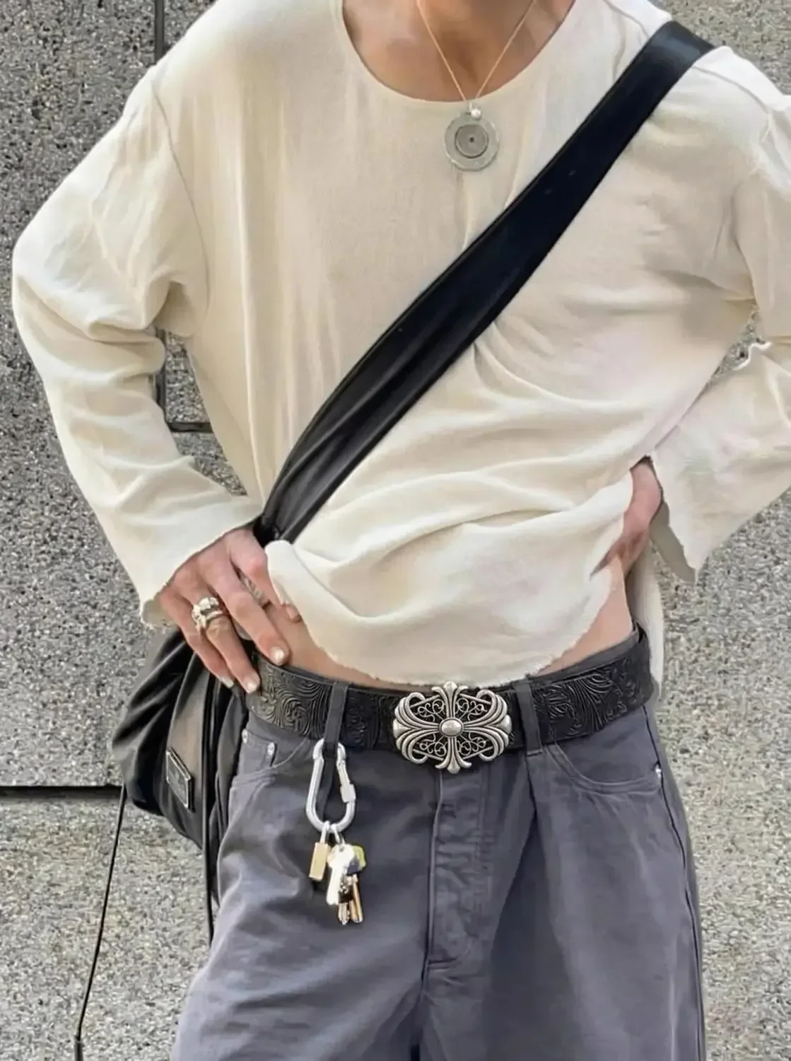 Hong Kong-style Denim Belt with Cross Carving & Rivets Niche Subculture Style Versatile Street Waistband for Casual Daily Outfit
