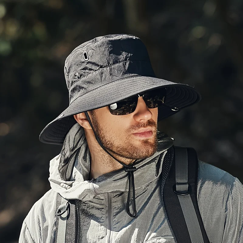 Wide Brim Bucket Hat for Men Women UV Protection Sun Hat with Adjustable Chin Strap Breathable Mesh for Hiking Fishing Camping