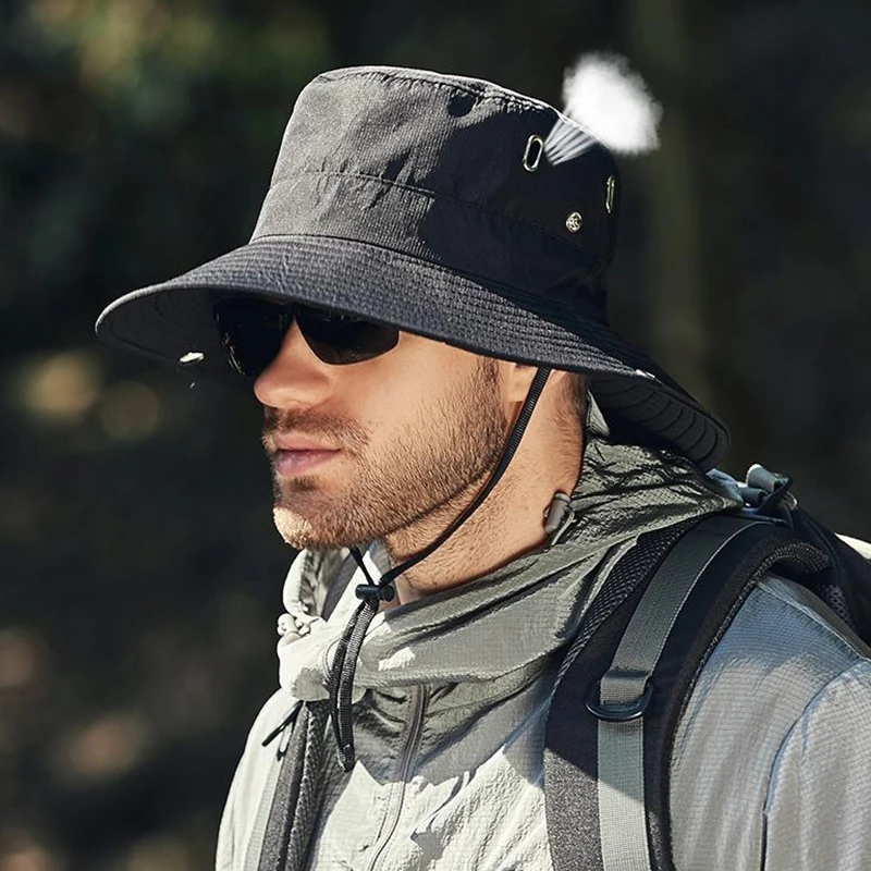 Wide Brim Bucket Hat for Men Women UV Protection Sun Hat with Adjustable Chin Strap Breathable Mesh for Hiking Fishing Camping