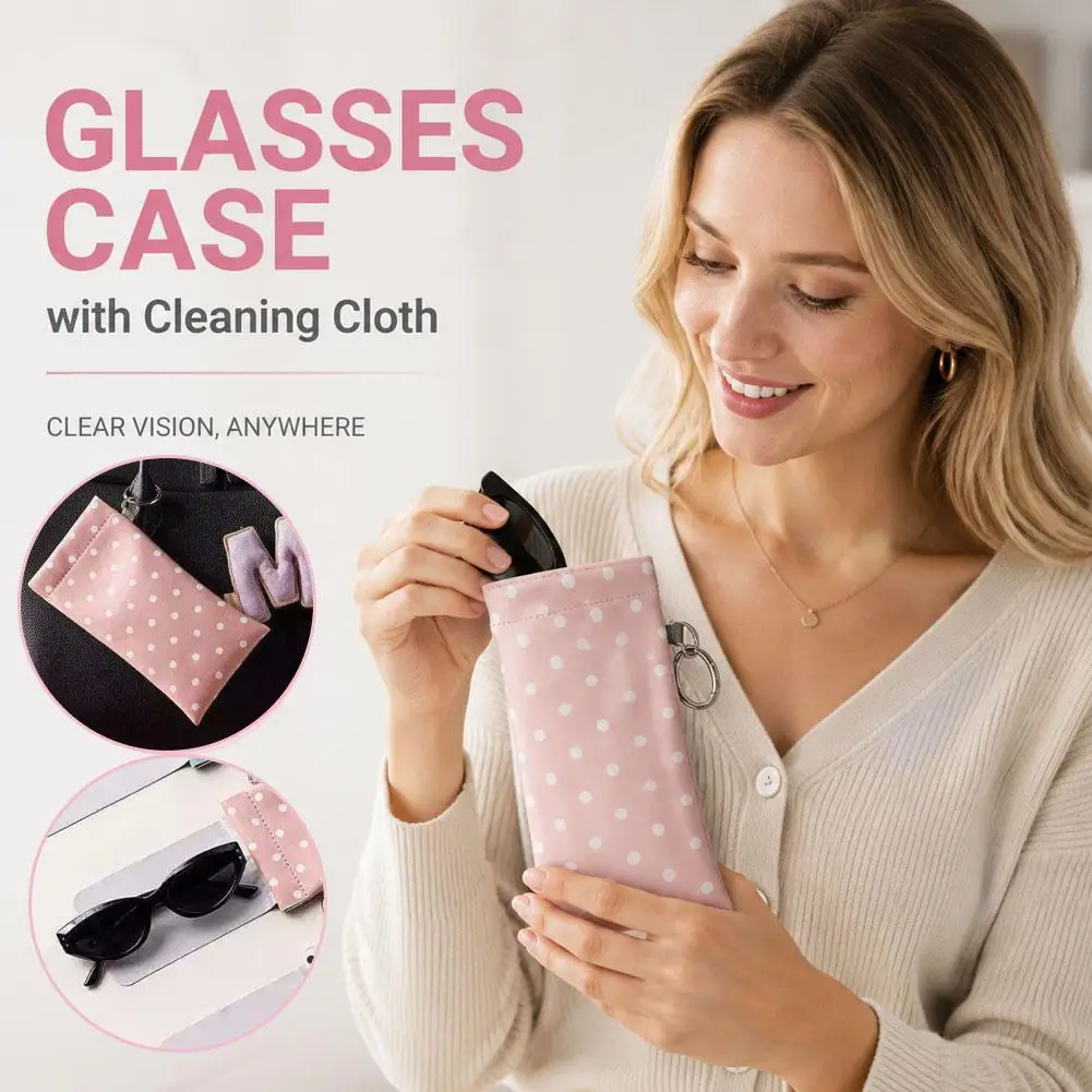 Eyeglasses Case Stylish Polka Dot Auto-close Glasses Bag With Cleaning Cloth Sunglasses Pouch Portable Hanging Card Holder