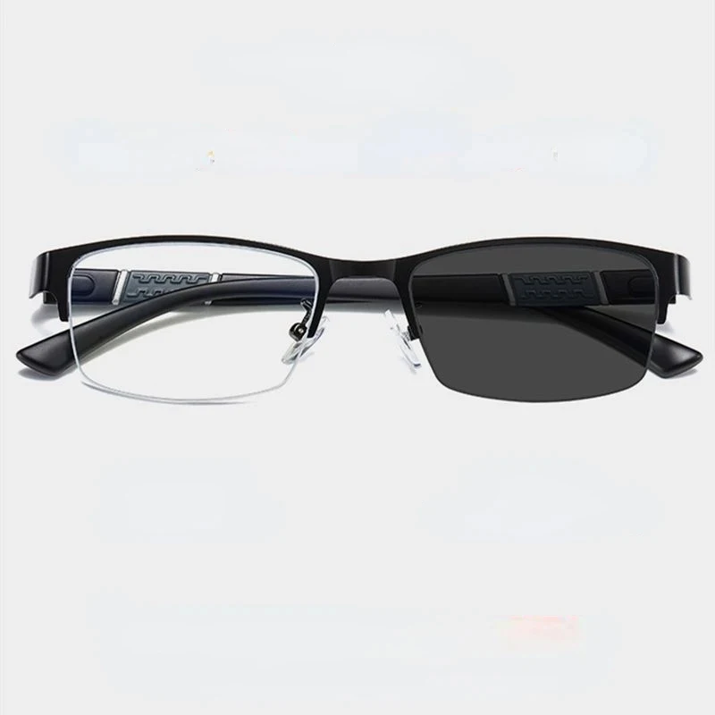 Men's Vintage Business Photochromic Myopia Glasses Half Frame Metal Blue Light Blocking Eyewear Classic UV Shades -0.5~4.0x