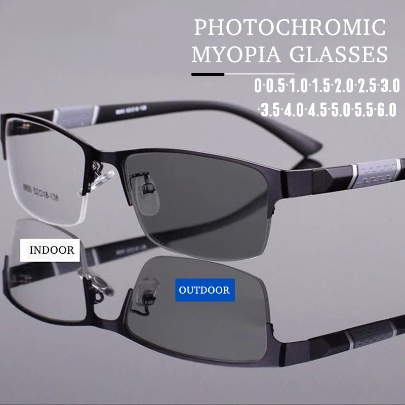 Men's Vintage Business Photochromic Myopia Glasses Half Frame Metal Blue Light Blocking Eyewear Classic UV Shades -0.5~4.0x