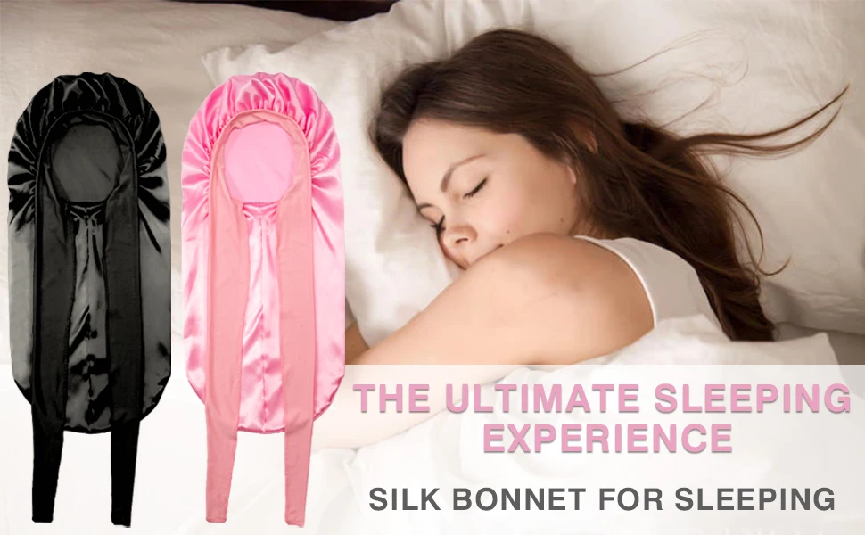 Women Extra Large Hair Long Silk Bonnet Cap & Elastic Satin Hair Band Comfortable Head Cover Night Sleep Hat for Sleeping Shower