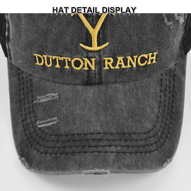 Summer Yellowstone Dutton Ranch Hat Cross Ponytail Baseball Cap Distressed Outdoor Embroidery Sunscreen Hat Solid Color Cap