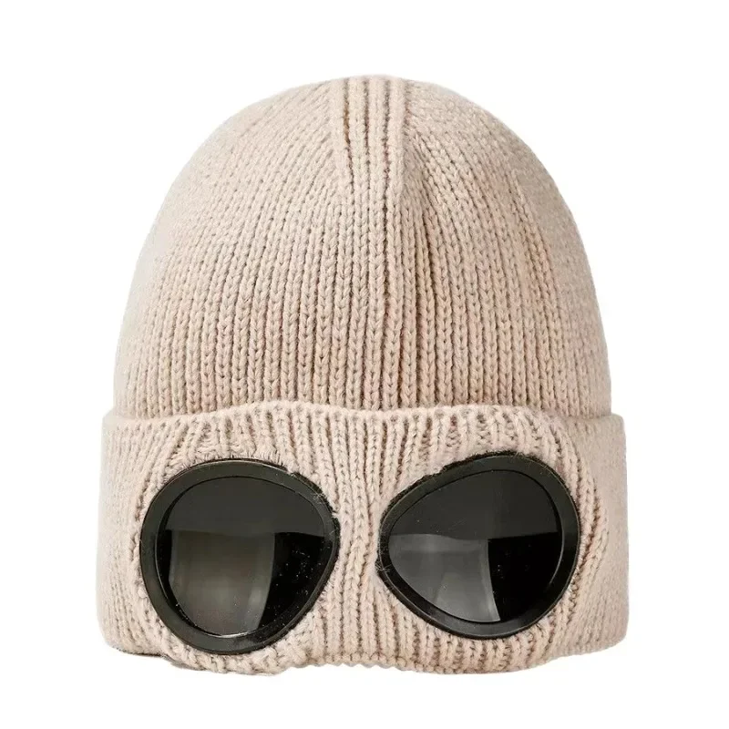 Men Women Knitted Hat with Goggles Windproof Winter Warmer Ski Beanies Unisex Soft Warm Anti-slip Ear Protection Garros