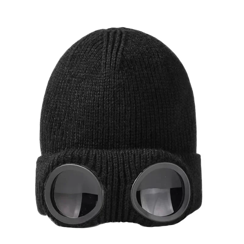 Men Women Knitted Hat with Goggles Windproof Winter Warmer Ski Beanies Unisex Soft Warm Anti-slip Ear Protection Garros