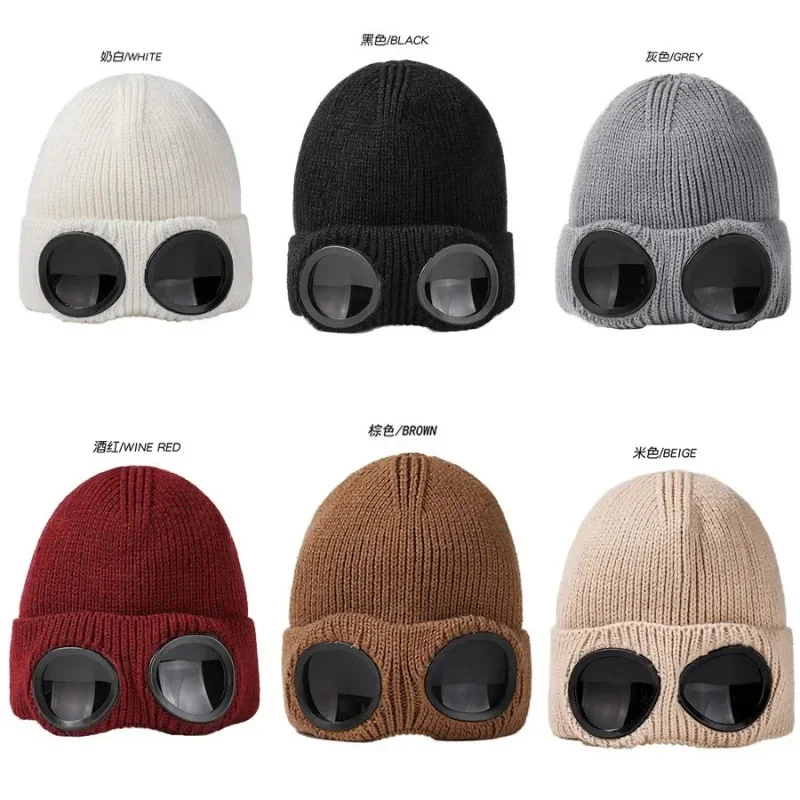 Men Women Knitted Hat with Goggles Windproof Winter Warmer Ski Beanies Unisex Soft Warm Anti-slip Ear Protection Garros