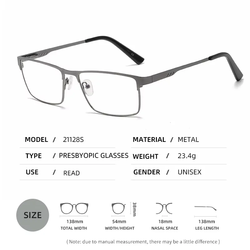 Men's Metal Square Frame Blue Light Blocking Reading Glasses, Fashion Presbyopic Eyeglasses for Men, +100 to +400 Diopters