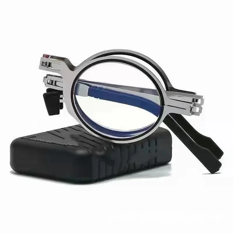 Unisex Folding Reading Glasses Transparent Lenses Full Metal Frame Anti Blue Light Comes with Case for Men and Women