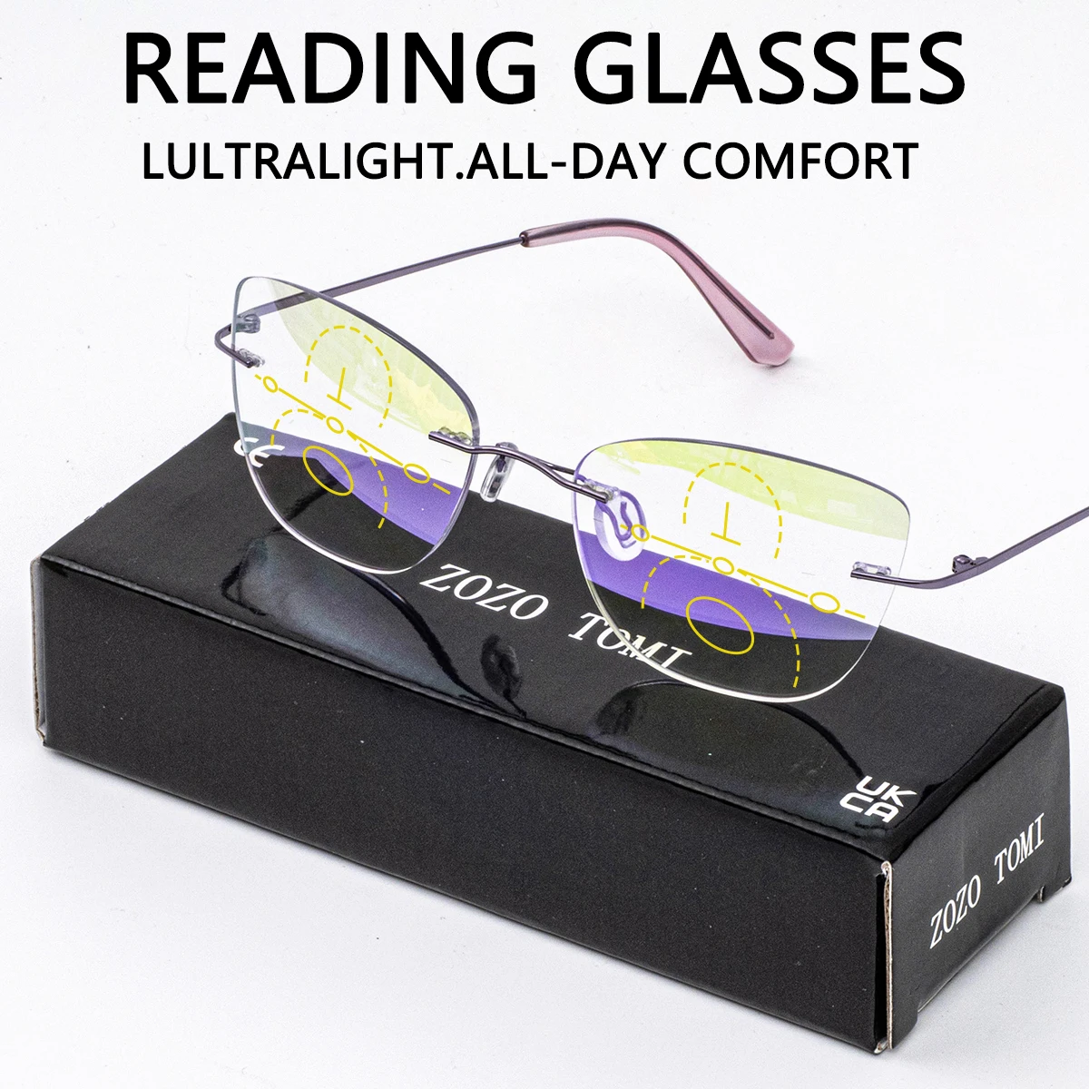 Women Progressive Multifocal Cat Eye Reading Glasses with Pink Purple Coatings Lens Rimless Design Flexible Temples Comfortable