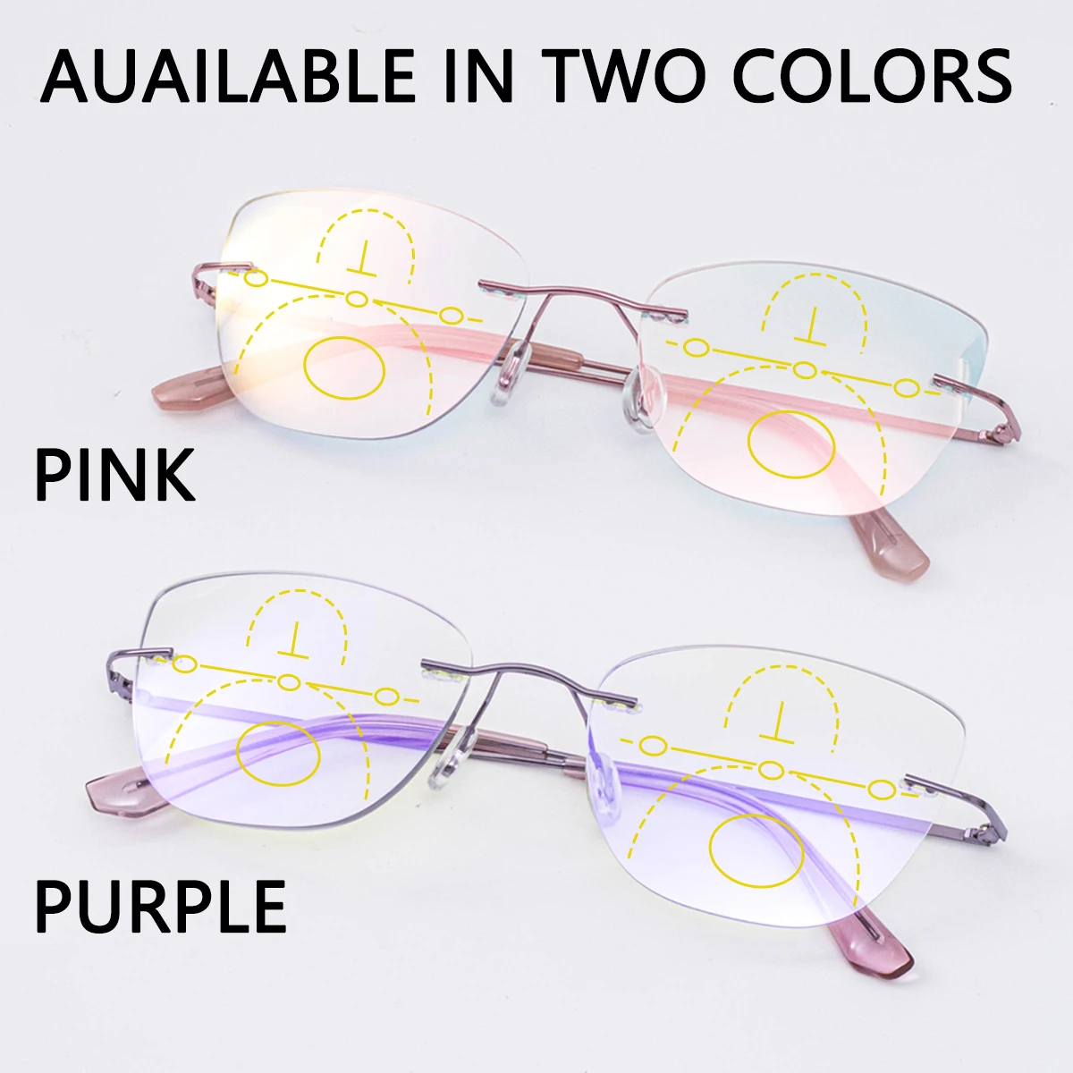 Women Progressive Multifocal Cat Eye Reading Glasses with Pink Purple Coatings Lens Rimless Design Flexible Temples Comfortable