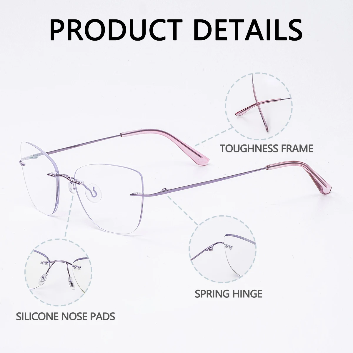 Women Progressive Multifocal Cat Eye Reading Glasses with Pink Purple Coatings Lens Rimless Design Flexible Temples Comfortable