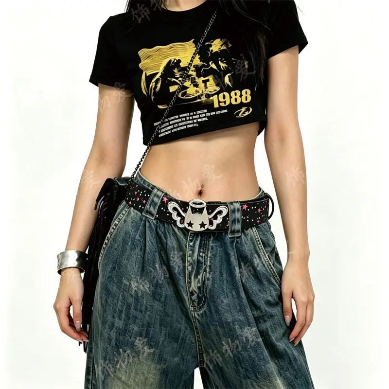 Cute angel candy Desiner Brands Belt Heart and Star Dopamine Metal Punk Rock Style lovely Y2K Jeans wide Leather Belts for Women