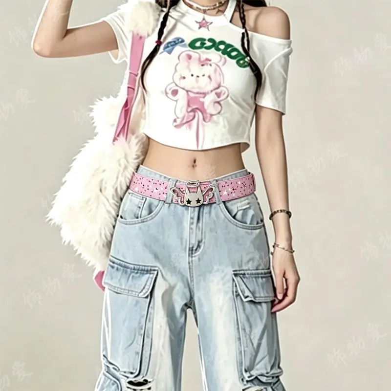 Cute angel candy Desiner Brands Belt Heart and Star Dopamine Metal Punk Rock Style lovely Y2K Jeans wide Leather Belts for Women