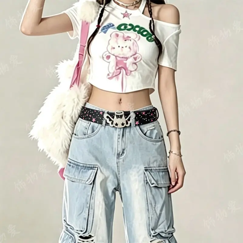 Cute angel candy Desiner Brands Belt Heart and Star Dopamine Metal Punk Rock Style lovely Y2K Jeans wide Leather Belts for Women