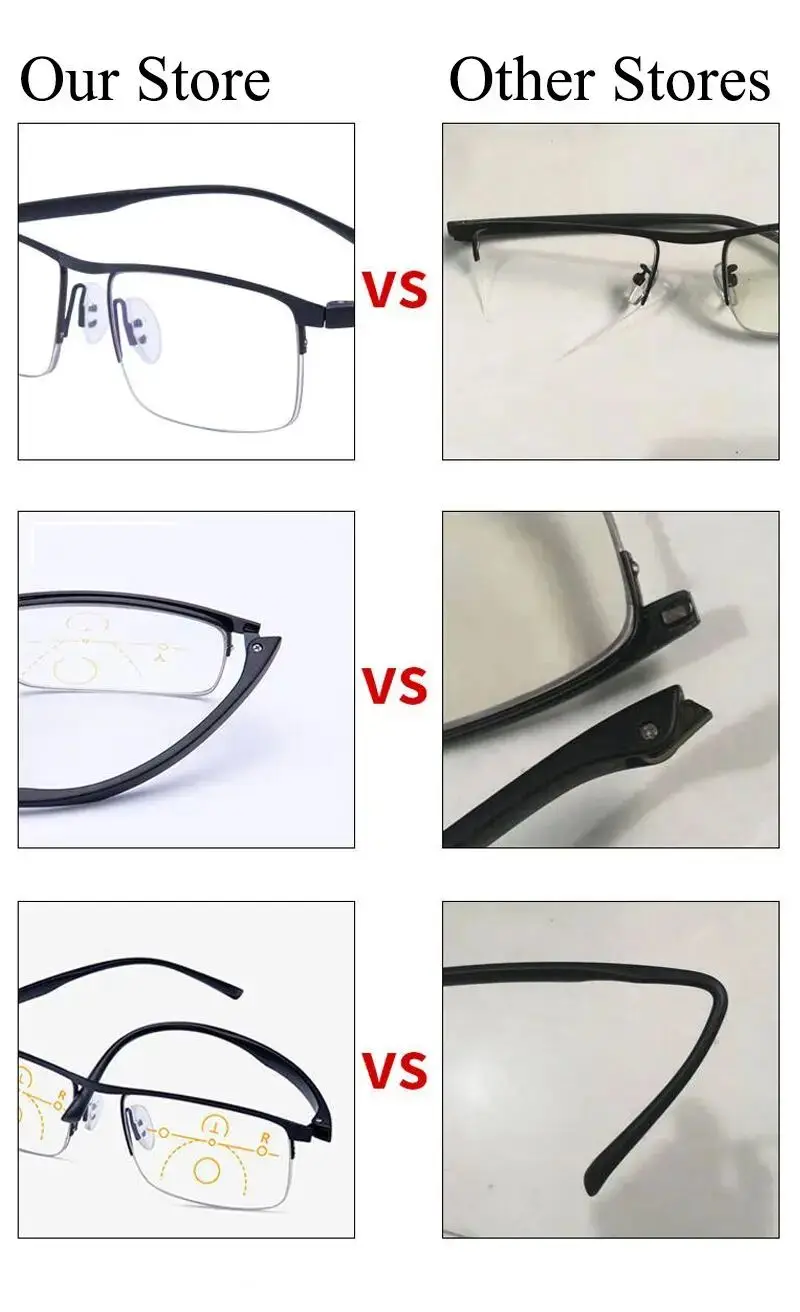 Hot Sale Progressive Reading Glasses Multifocal Anti Blue Ray Glass Glasses Half Frame Metal Alloy Men Women 1.5 1.0 2.5 Black