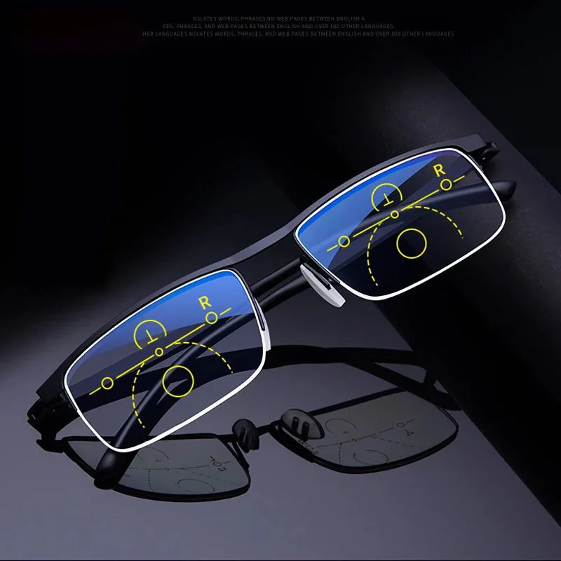 Hot Sale Progressive Reading Glasses Multifocal Anti Blue Ray Glass Glasses Half Frame Metal Alloy Men Women 1.5 1.0 2.5 Black