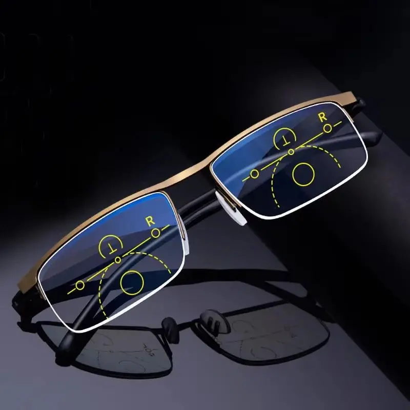 Hot Sale Progressive Reading Glasses Multifocal Anti Blue Ray Glass Glasses Half Frame Metal Alloy Men Women 1.5 1.0 2.5 Black