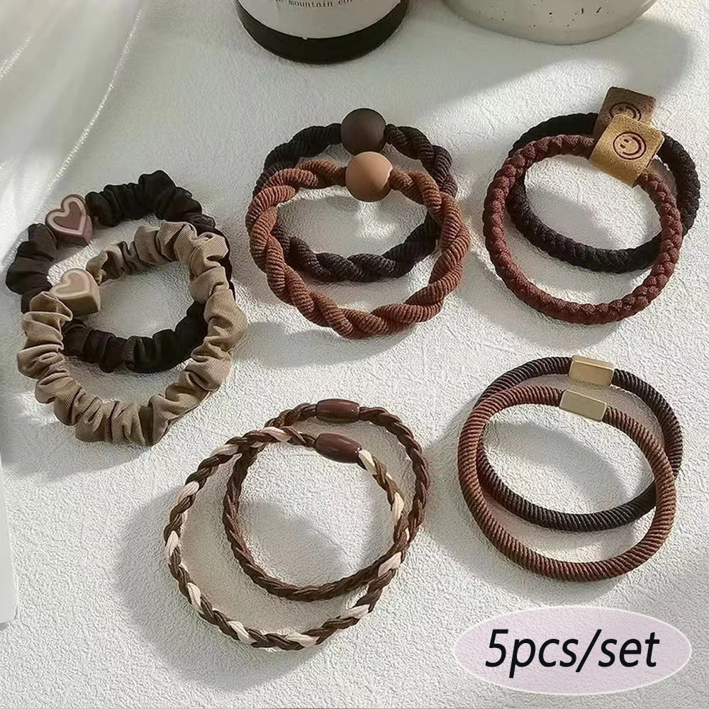 5pcs/Set Mixed Styles Hair Ties High Elastic Heart Shaped Rubber Band Women Girl No-Damage Ponytail Holder Scrunchies