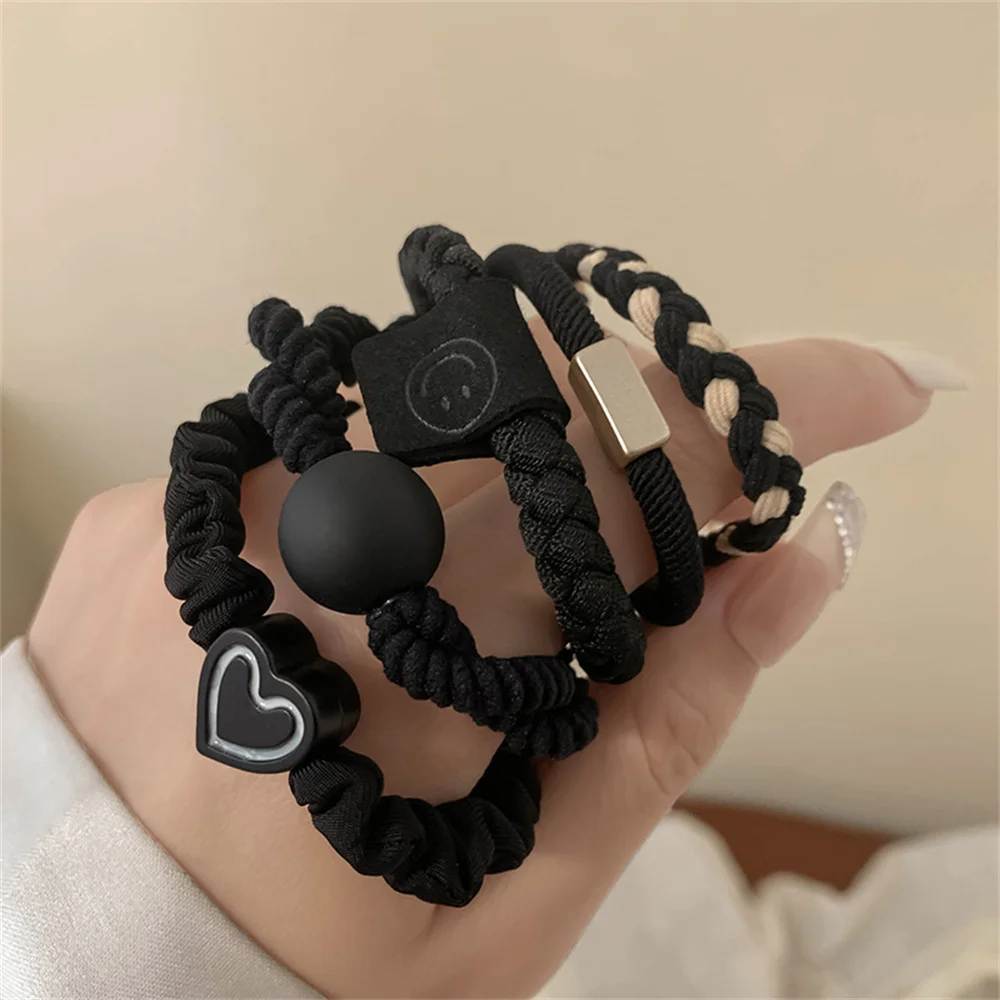 5pcs/Set Mixed Styles Hair Ties High Elastic Heart Shaped Rubber Band Women Girl No-Damage Ponytail Holder Scrunchies